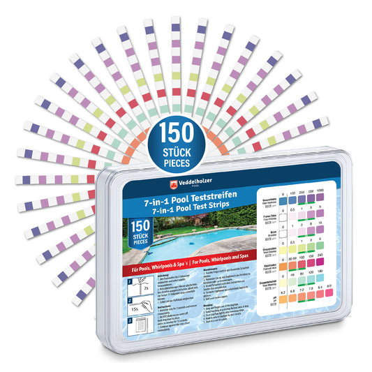 Veddelholzer 7-in-1 Pool Teststreifen 150 Stück – pH, Chlor, Brom, Härte & Alkalinität messen | Wasseranalyse für Pool & Spa