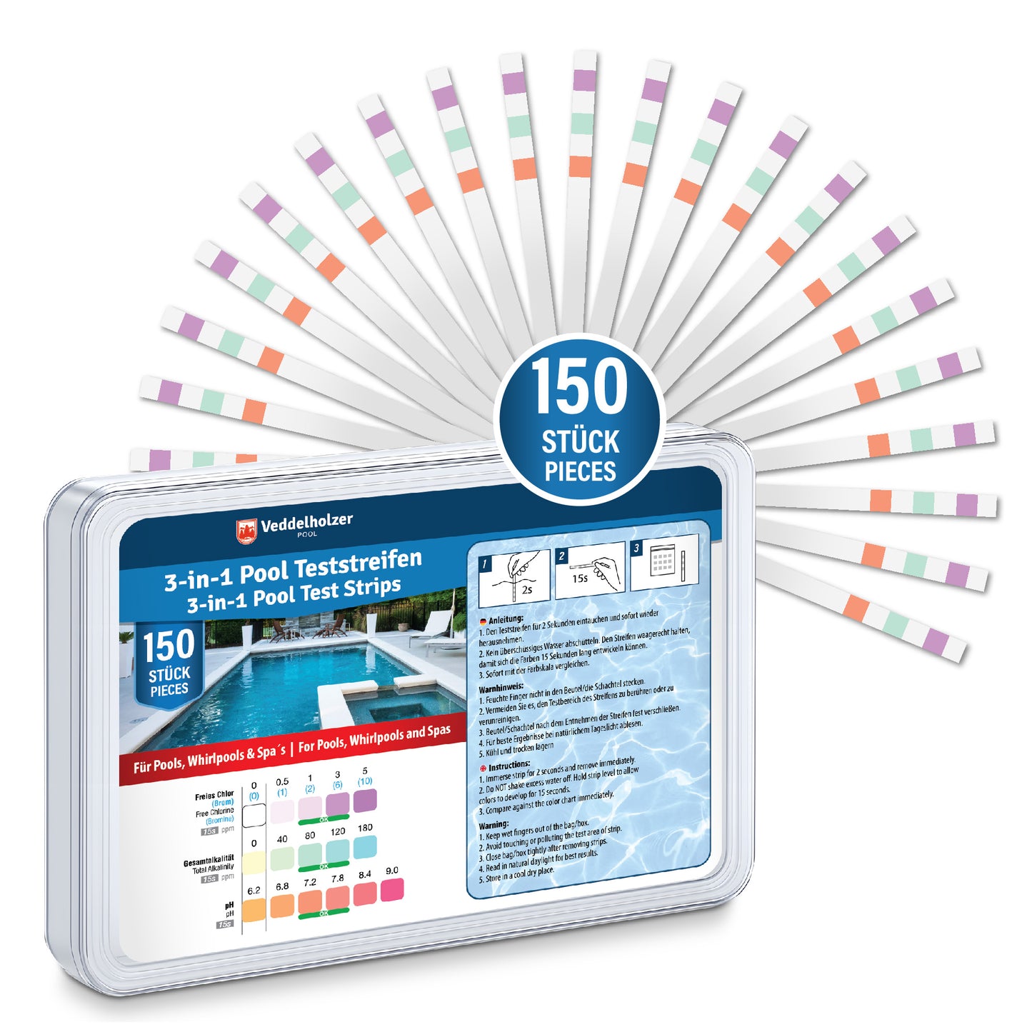 Veddelholzer 3-in-1 Pool Teststreifen 150 Stück – pH, Freies Chlor & Alkalinität messen | Schnelltest für Pool, Whirlpool & Spa