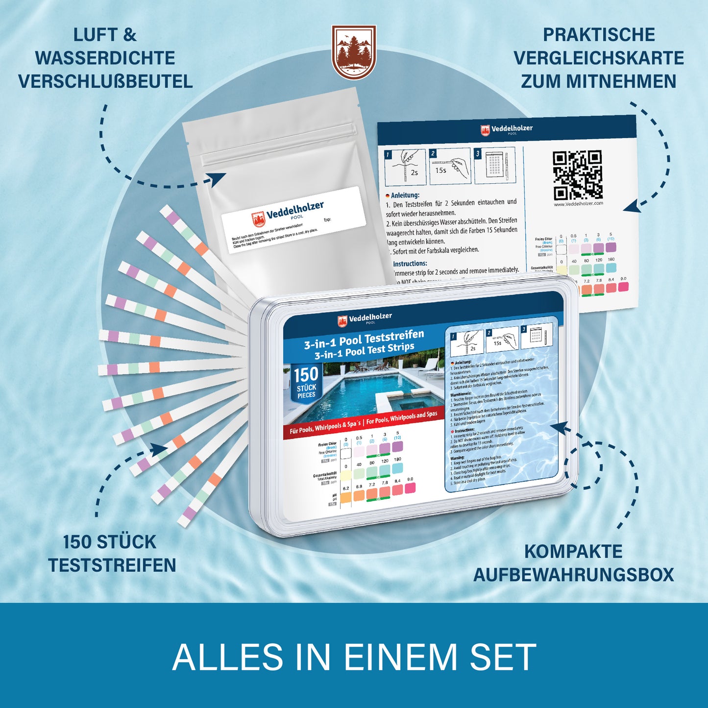 Veddelholzer 3-in-1 Pool Teststreifen 150 Stück – pH, Freies Chlor & Alkalinität messen | Schnelltest für Pool, Whirlpool & Spa