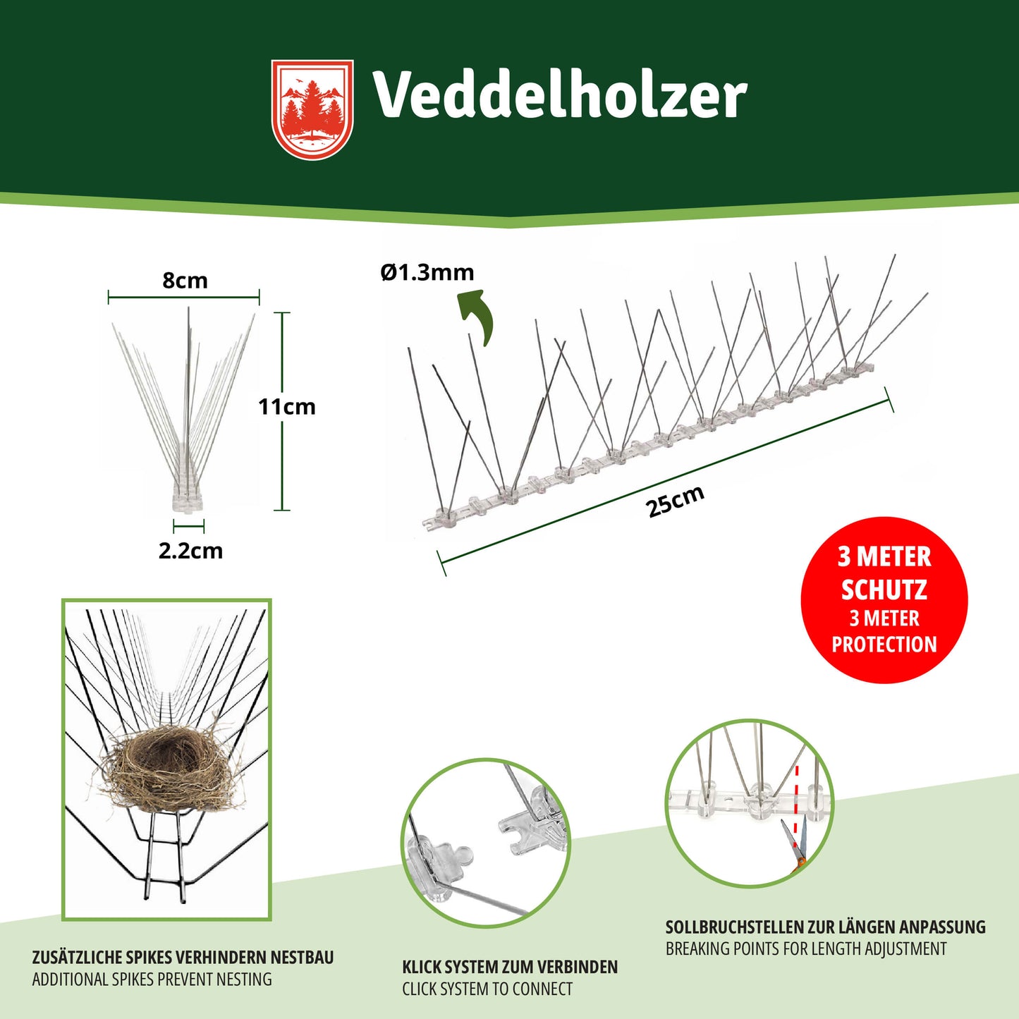 Repelente de aves universal de acero inoxidable de 3 metros Veddelholzer Premium 