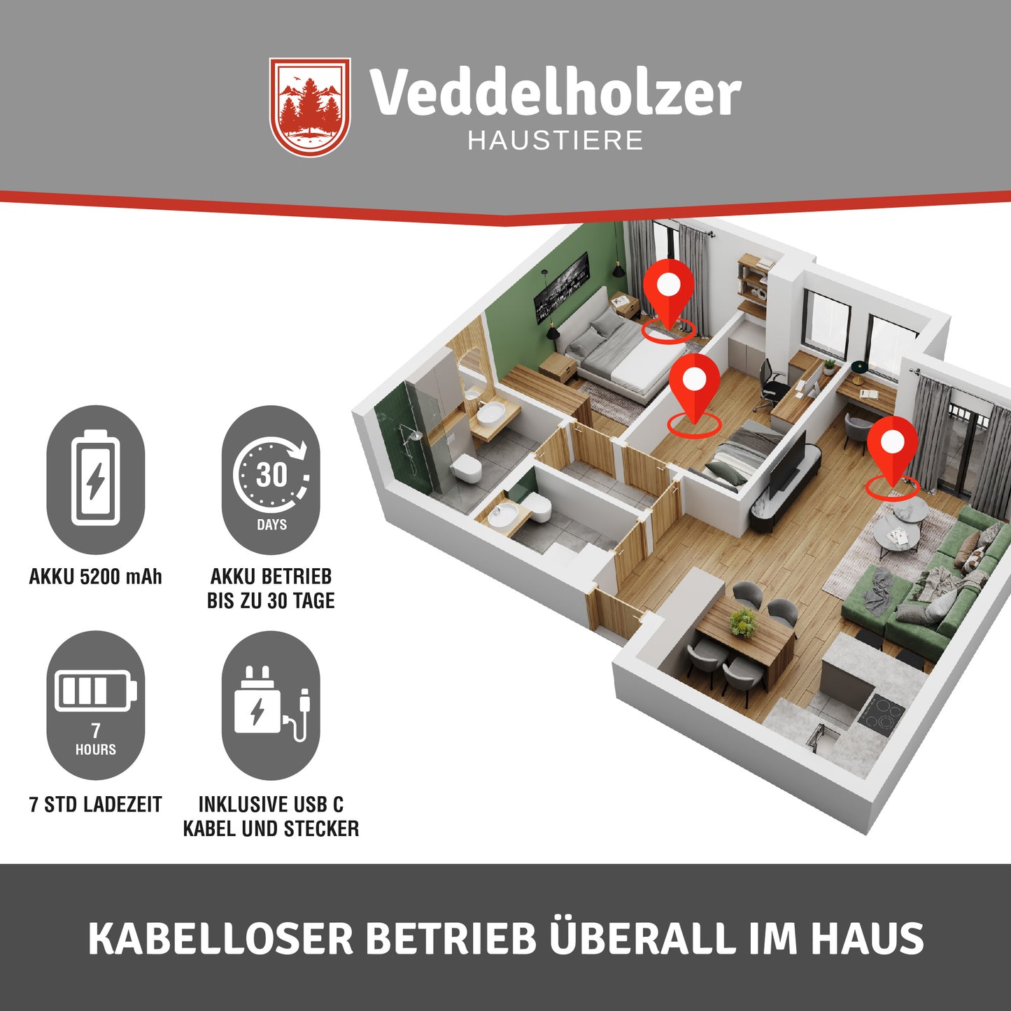 Veddelholzer Katzenbrunnen 2,8L kabellos – mit Bewegungsmelder & Akku