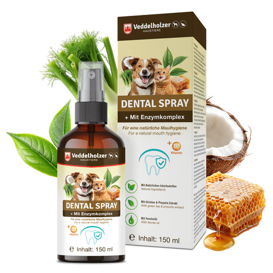 Veddelholzer Probiotisches Dentalspray 150ml Set – für Hunde & Katzen + Fingerzahnbürste