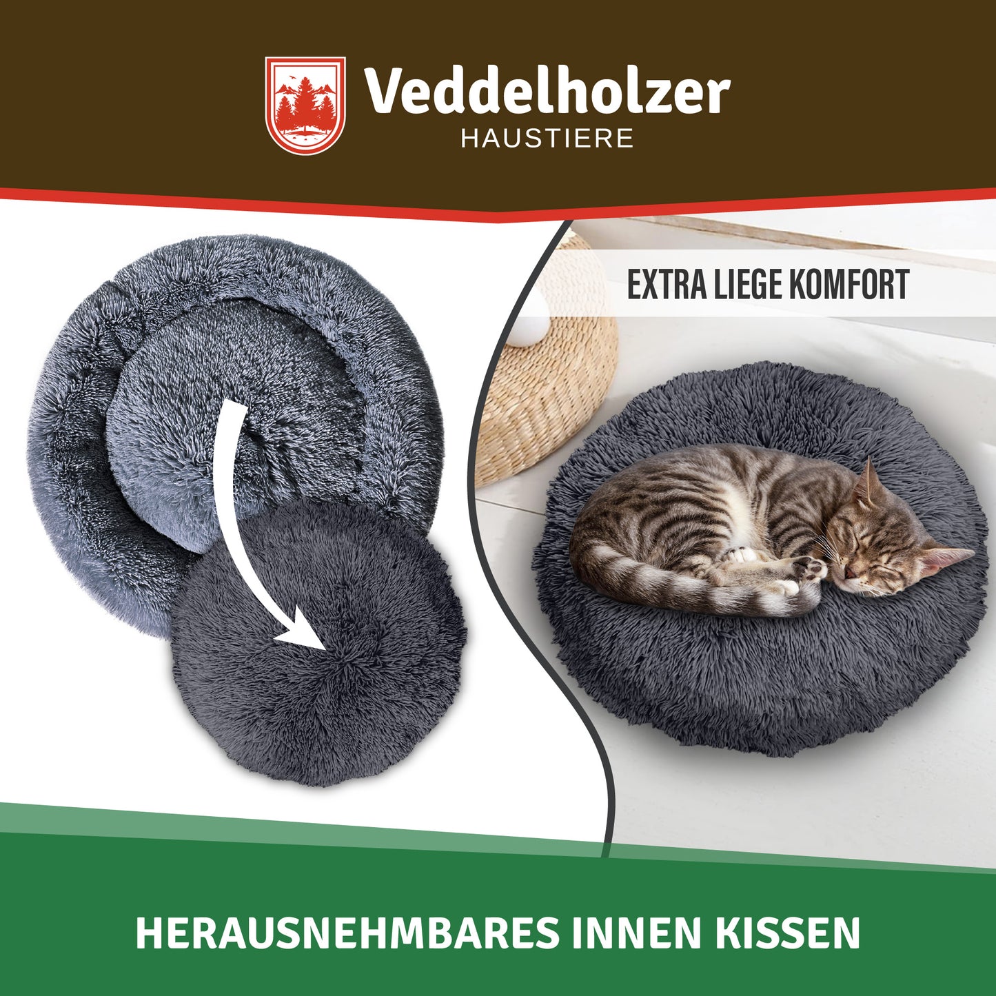 Veddelholzer Hundebett Dunkelgrau – Waschbar (Größenwahl)