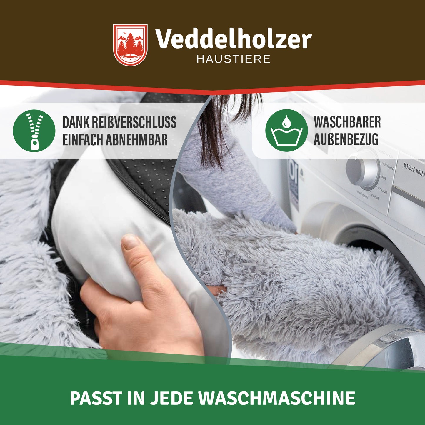 Veddelholzer Hundebett Hellgrau – Waschbar (Größenwahl)