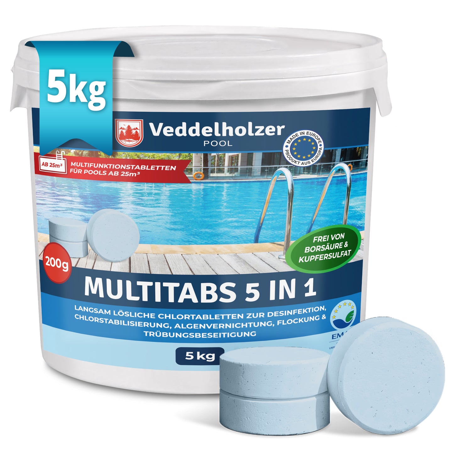 Veddelholzer Pool Multitabs 5kg – 200g Chlortabletten für Poolpflege