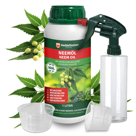 Veddelholzer Neemöl 1L kaltgepresst + Emulgator Set – inkl. Sprühflasche & Messbecher
