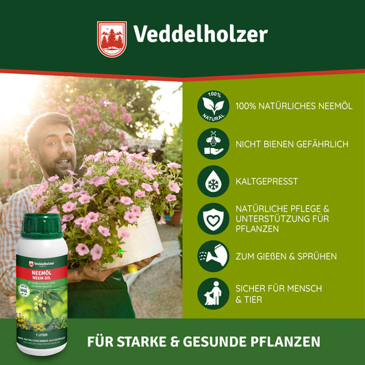 Veddelholzer Neemöl 1L kaltgepresst + Emulgator Set – inkl. Sprühflasche & Messbecher