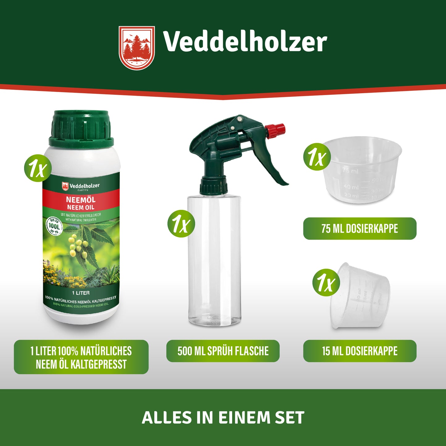 Aceite de neem 100% natural, prensado en frío de primera calidad, de 1000 ml con emulsionante natural + botella con pulverizador de 500 ml y 2 tazas medidoras 