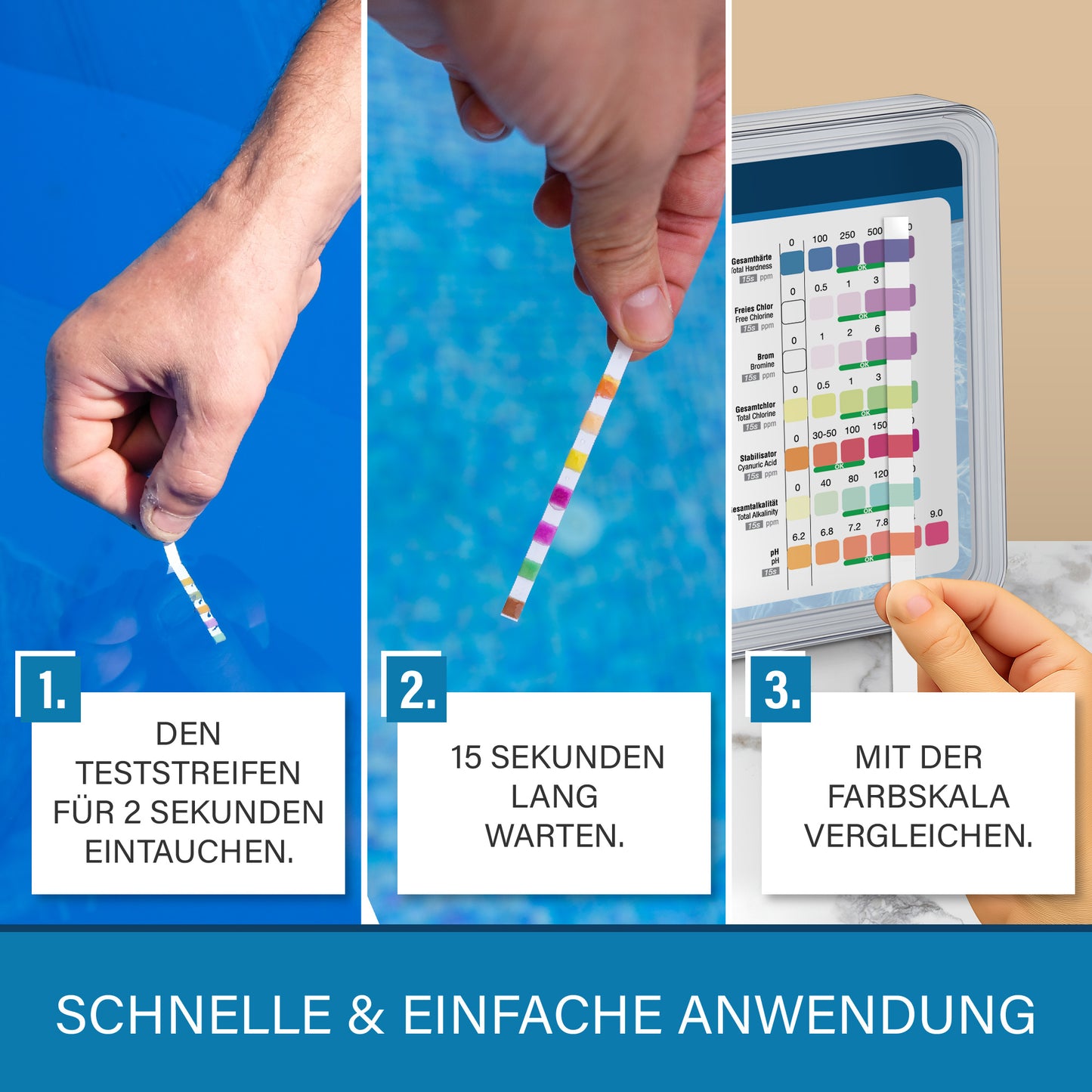 Veddelholzer 7-in-1 Pool Teststreifen 150 Stück – pH, Chlor, Brom, Härte & Alkalinität messen | Wasseranalyse für Pool & Spa