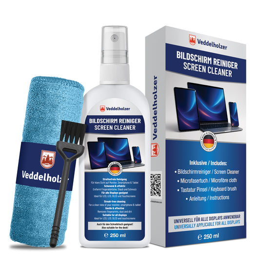 Veddelholzer Bildschirmreiniger Set 250ml – Displayreiniger mit Tuch & Pinsel