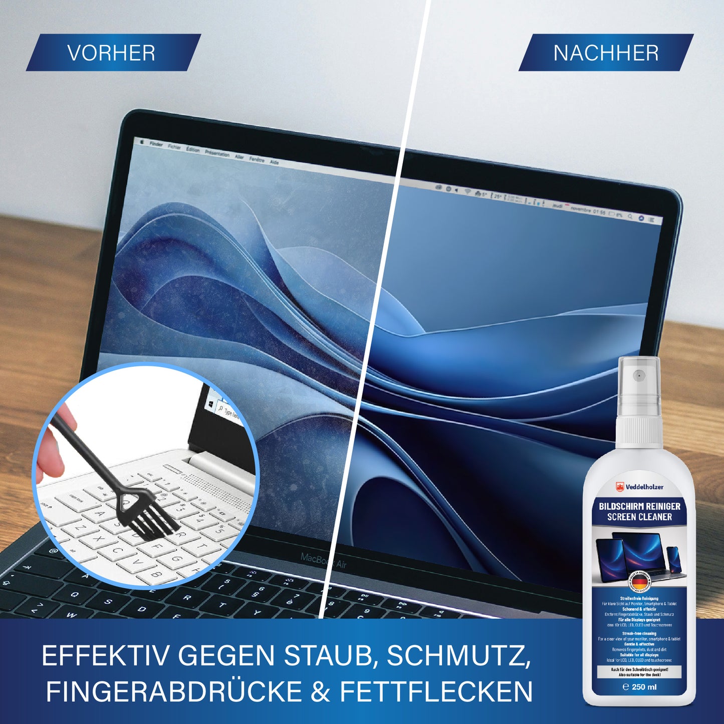 Veddelholzer Bildschirmreiniger Set 250ml – Displayreiniger mit Tuch & Pinsel