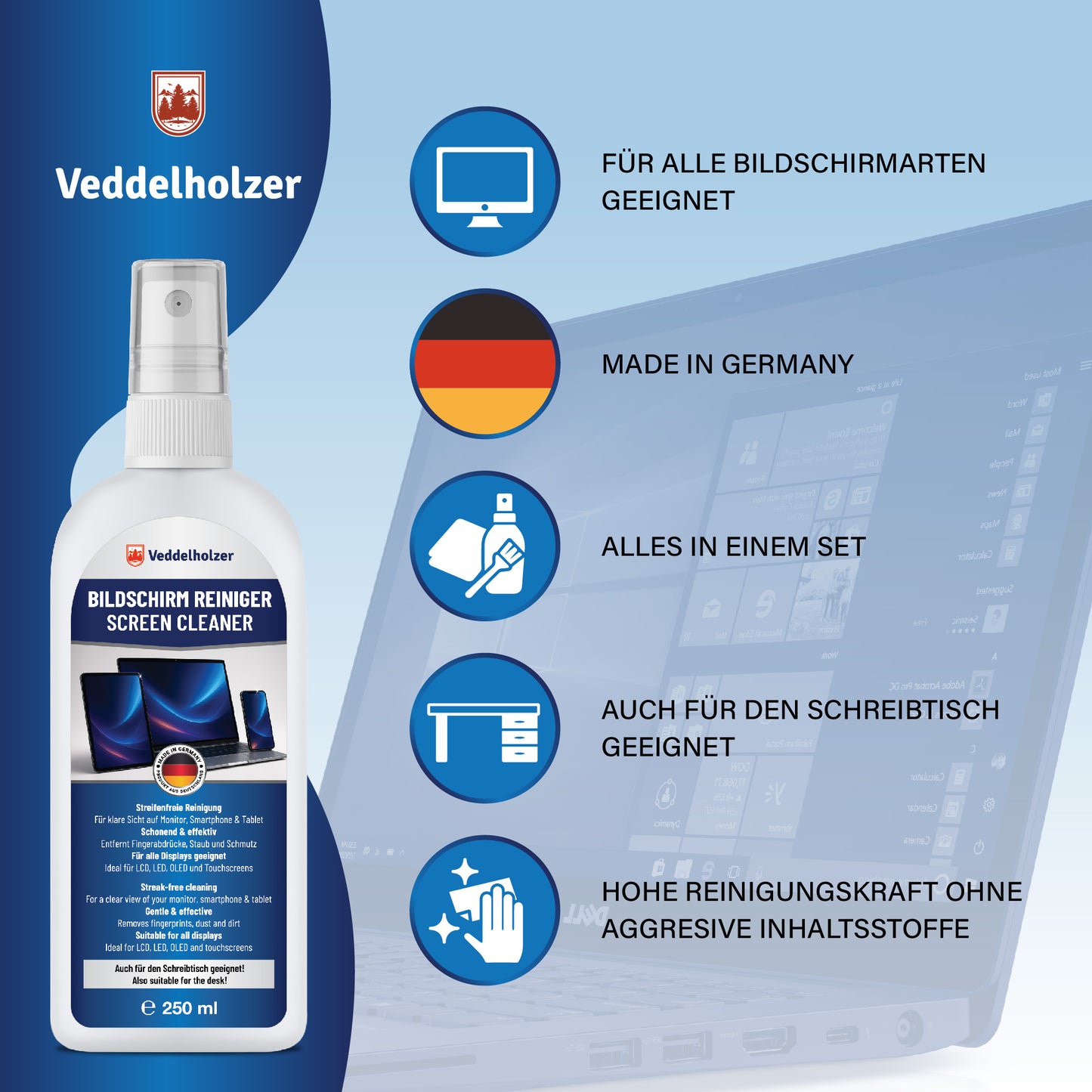 Veddelholzer Bildschirmreiniger Set 250ml – Displayreiniger mit Tuch & Pinsel