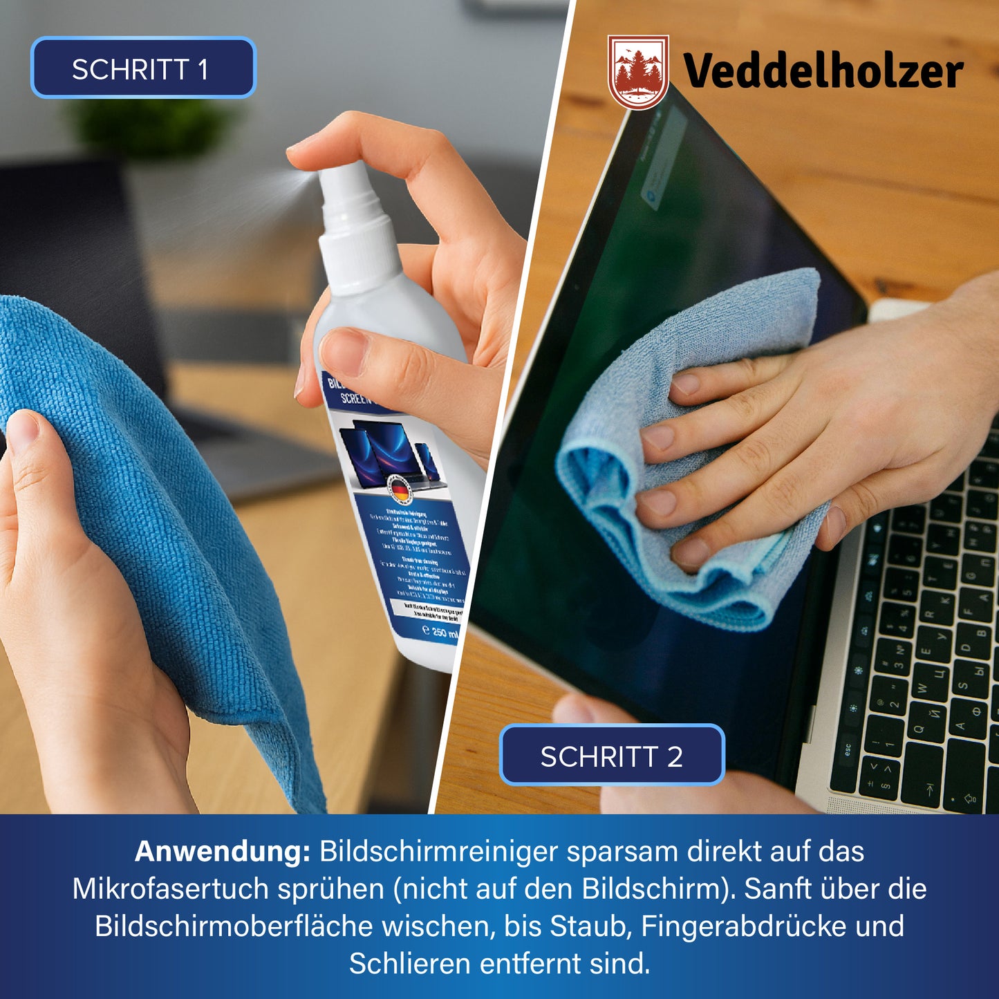 Veddelholzer Bildschirmreiniger Set 250ml – Displayreiniger mit Tuch & Pinsel