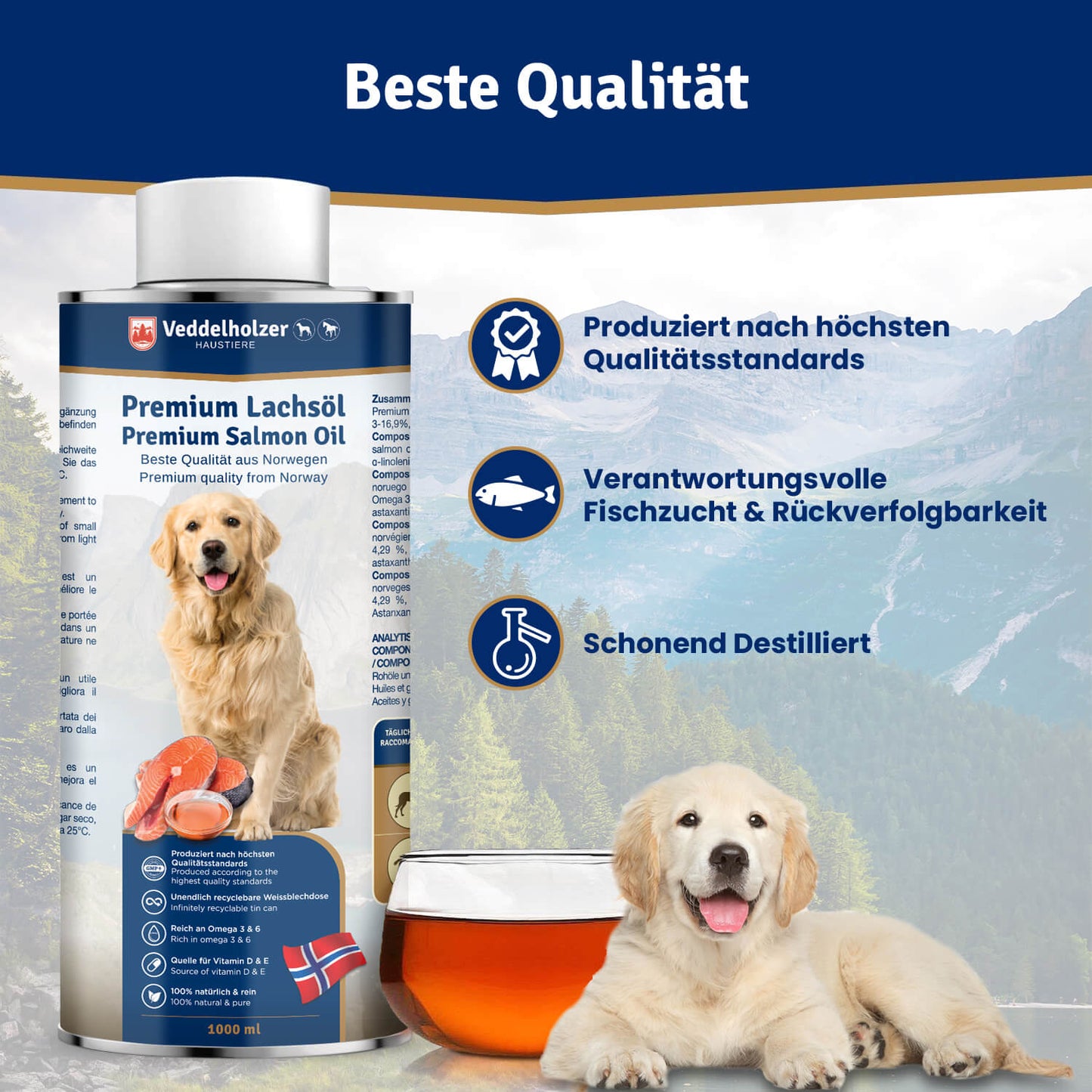 Veddelholzer Lachsöl 1L für Hunde & Pferde – Omega-3 Fischöl mit Vitamin E