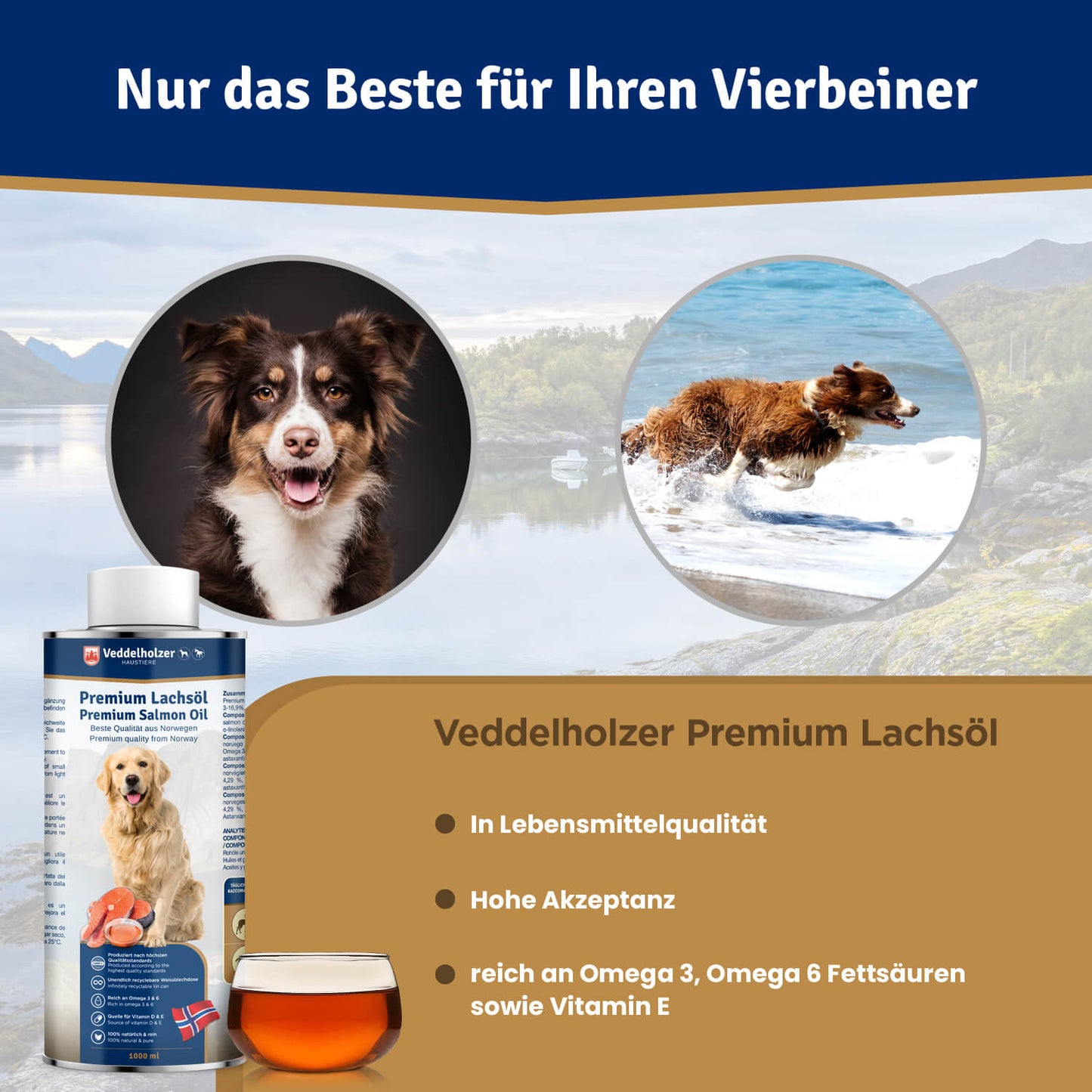 Veddelholzer Lachsöl 1L für Hunde & Pferde – Omega-3 Fischöl mit Vitamin E
