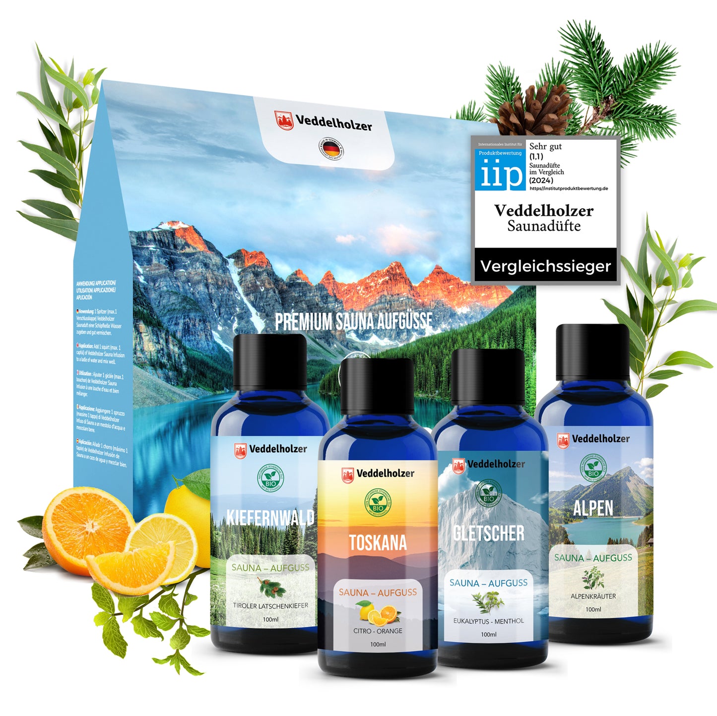 Veddelholzer Saunaaufguss Set – 4 x 100ml Duftkonzentrat