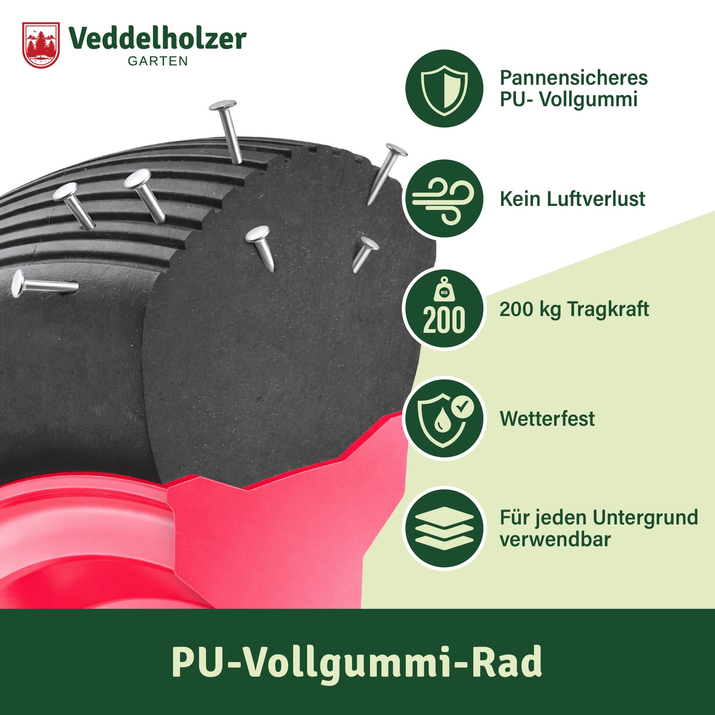 Veddelholzer PU Vollgummi Schubkarrenrad 4.80/4.00-8 – pannensicher